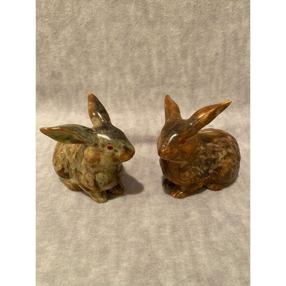 Vintage Set of 2 Ceramic Bunny Rabbits made in Japan‎ Brown & Teal #9WT68 - Picture 1 of 8